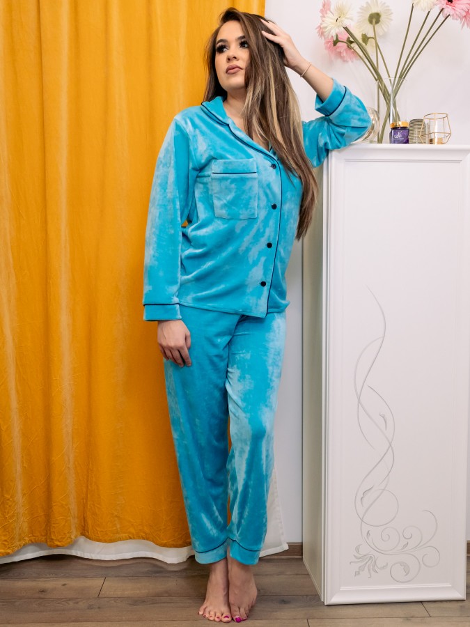 Pijama Anemona Super Soft din Catifea bleu intens cu vipusca neagra