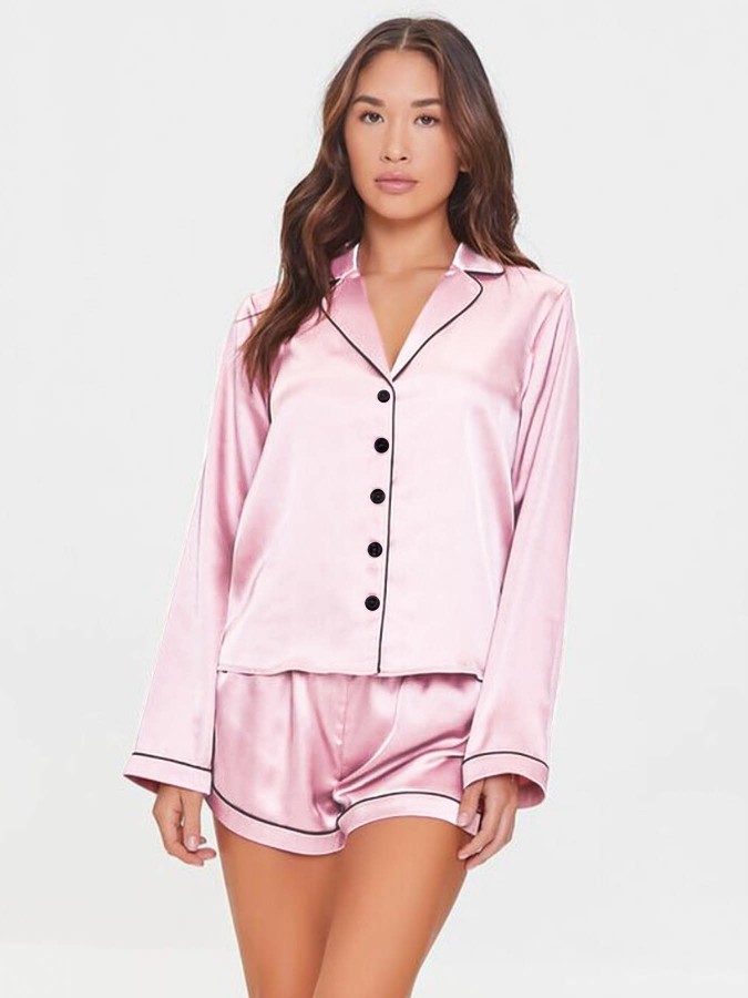 Pijama Luxury Andreea din Satin Roz cu vipusca neagra