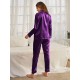 Pijama Luxury Anemona din Satin Mov cu vipusca alba 
