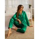 Pijama Luxury Anemona din Satin Verde Inchis cu vipusca alba