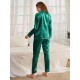 Pijama Luxury Anemona din Satin Verde cu vipusca alba