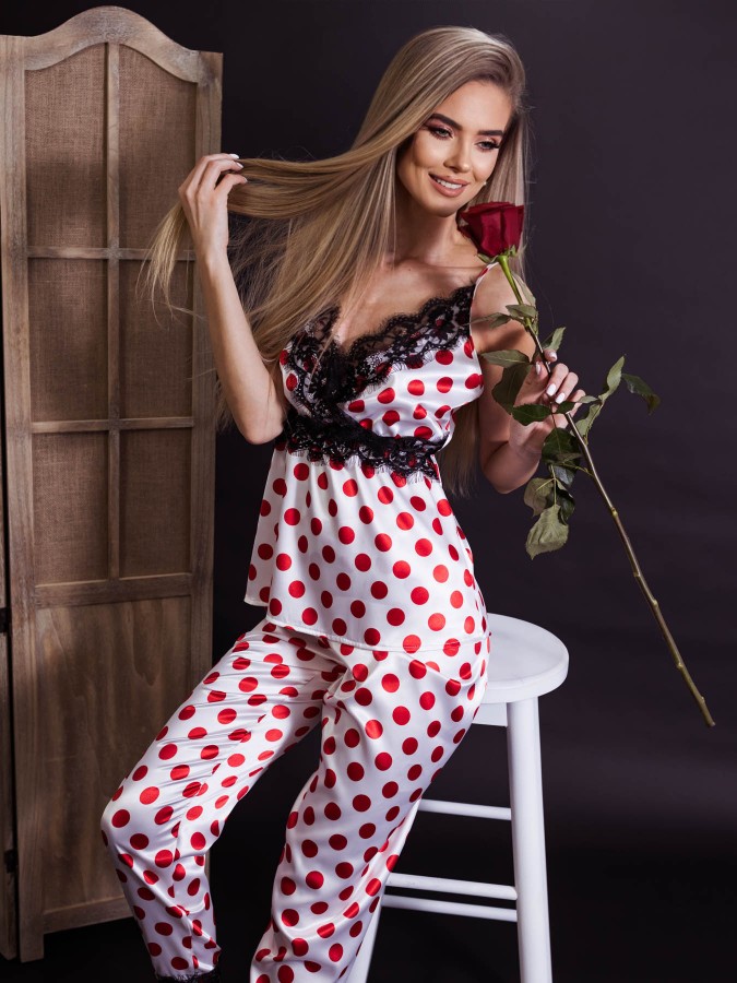 Pijama Luxury Belle din Satin Dots&Lace - White&Red