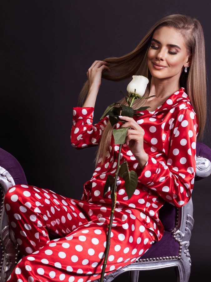 Pijama Anemona Luxury din Satin Dots Red&White
