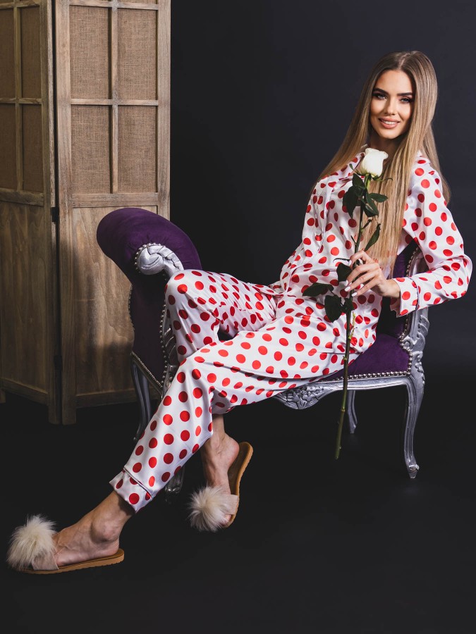 Pijama Anemona Luxury din Satin Dots White&Red 