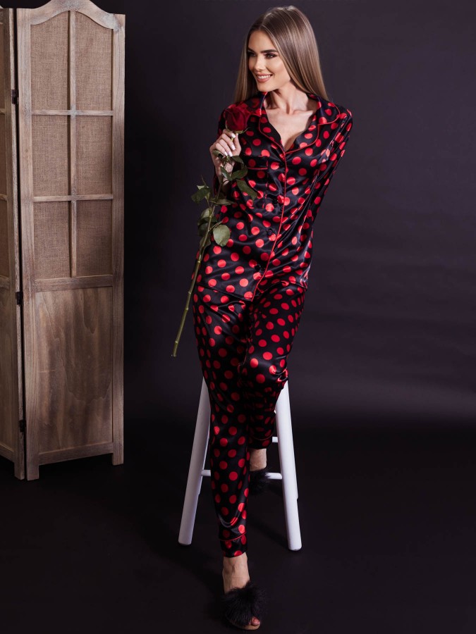 Pijama Anemona Luxury din Satin Dots Black&Red