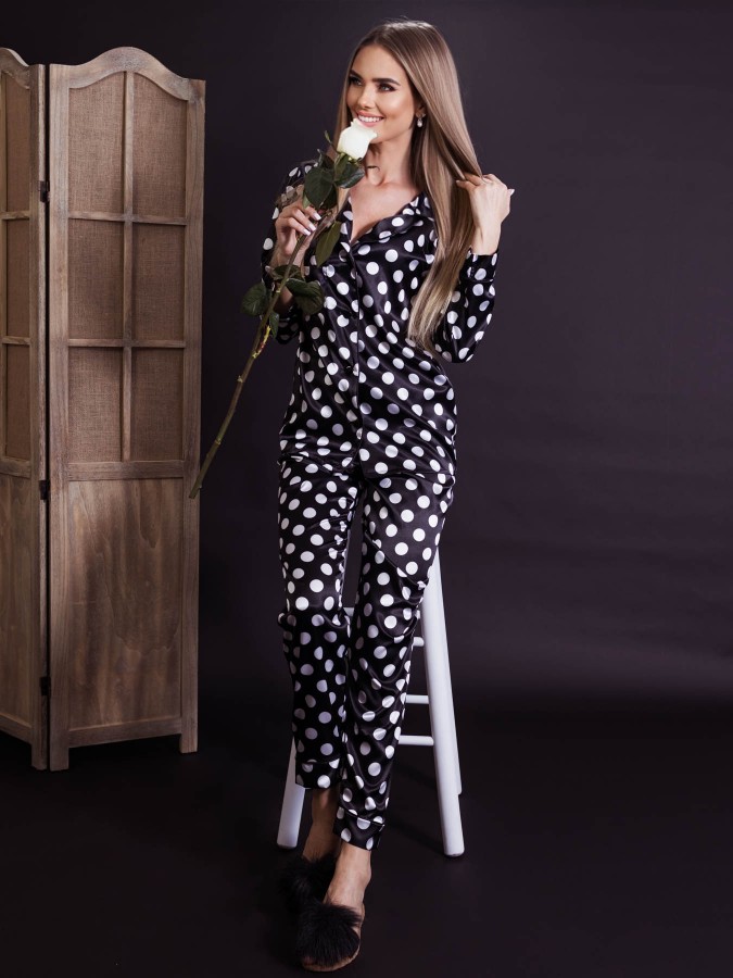 Pijama Anemona Luxury din Satin Dots Black&White