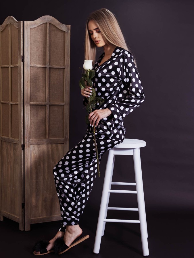 Pijama Anemona Luxury din Satin Dots Black&White