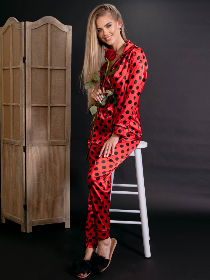Pijama Anemona Luxury din Satin Dots Red&Black 
