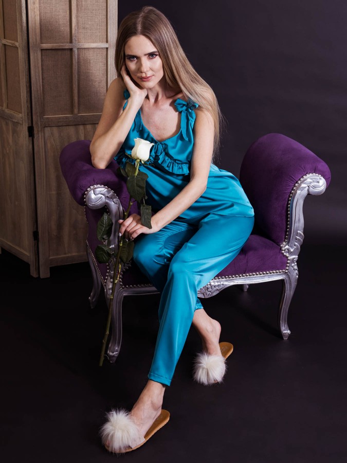Pijama Luxury Lara din Matase Turquoise