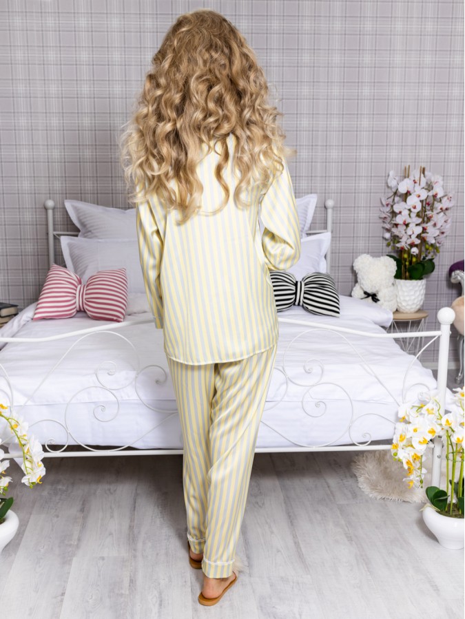 Pijama 2 piese Luxury cu vipusca din Satin Galben-Gri cod PJN30