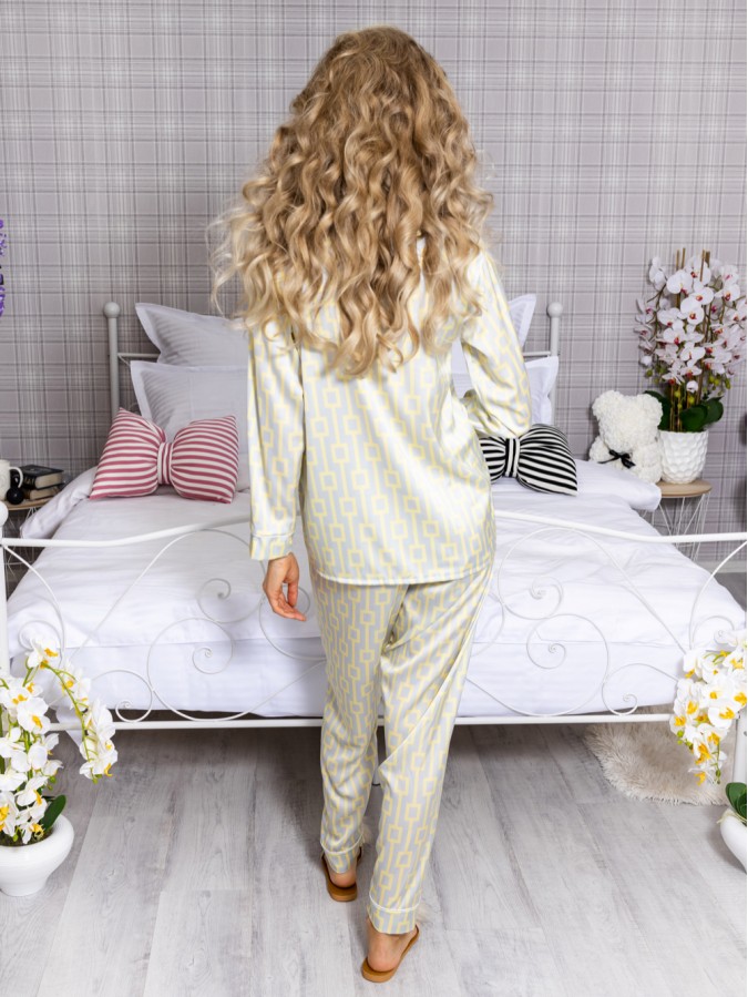Pijama 2 piese Luxury cu vipusca din Satin Galben-Gri cod PJN31